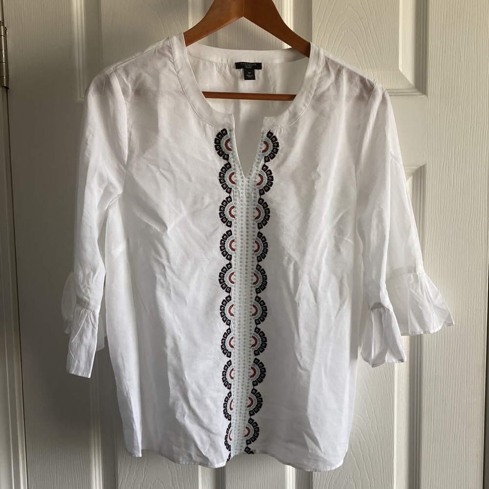 Ann Taylor Factory Boho White 3/4-Sleeve Top Medium Petite Women’s